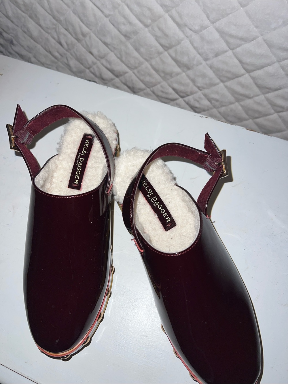 Kelsi Dagger Patent Burgundy Shearling-Trim Slingback Mules
